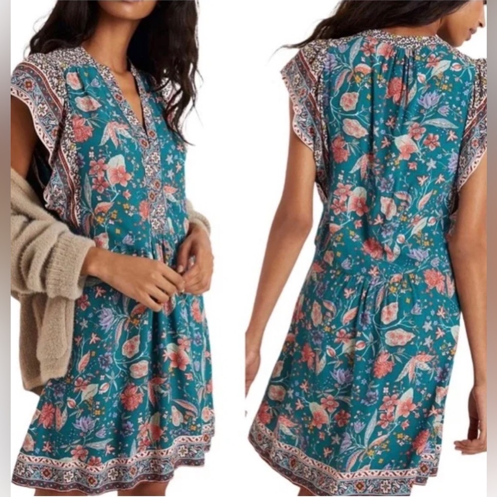 Anthropologie Zenia Teal and Pink Floral Dress Size Small